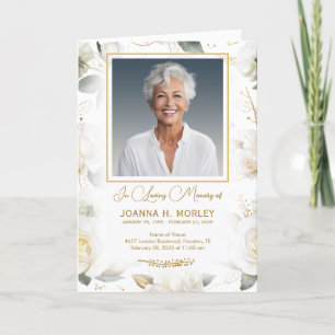 White Rose Gold Floral Funeral Program Programme