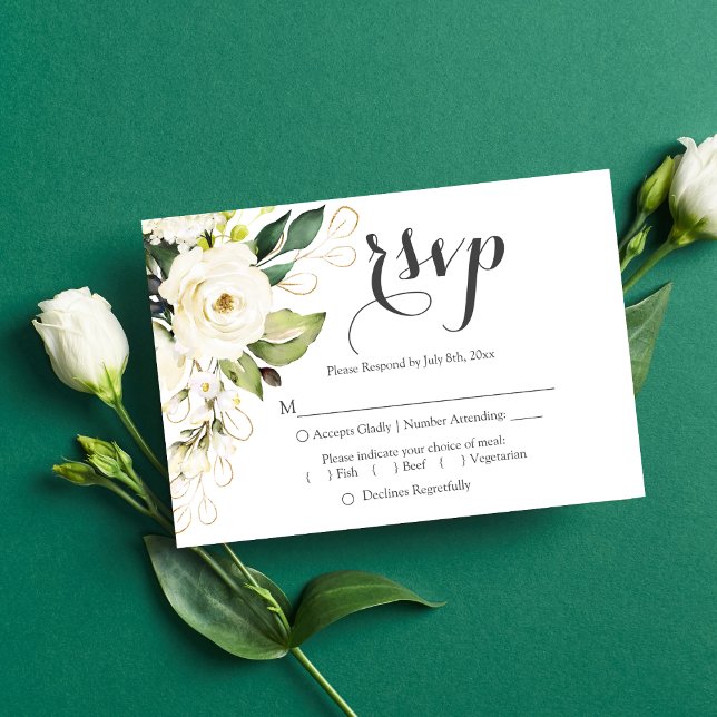 White Rose Gold Floral Wedding RSVP Reply Card (Creator Uploaded)