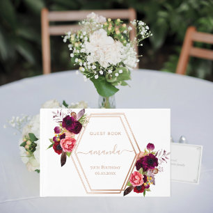 White rose gold geometric burgundy floral Birthday Guest Book