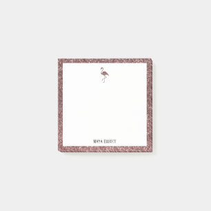 White + Rose Gold Glitter Flamingo & Border, Name Post-it Notes