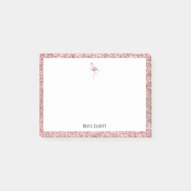 White & Rose Gold Glitter Flamingo, Border w/ Name Post-it Notes (Front)