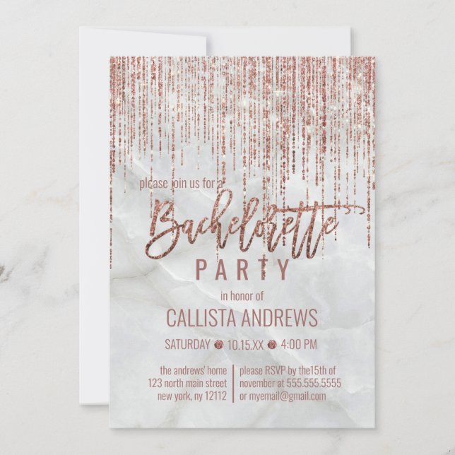 White Rose Gold Glitter Pearl Marble Bachelorette Invitation (Front)