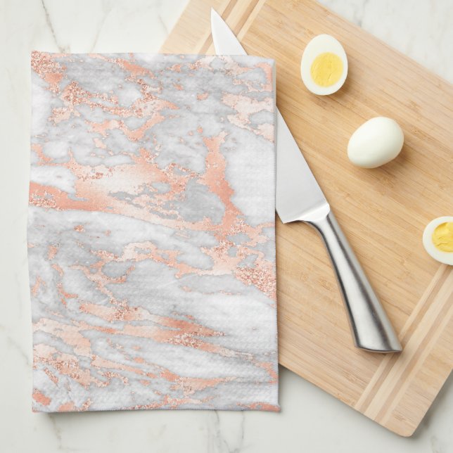 White & Rose Gold Marble 2 Tea Towel (Quarter Fold)