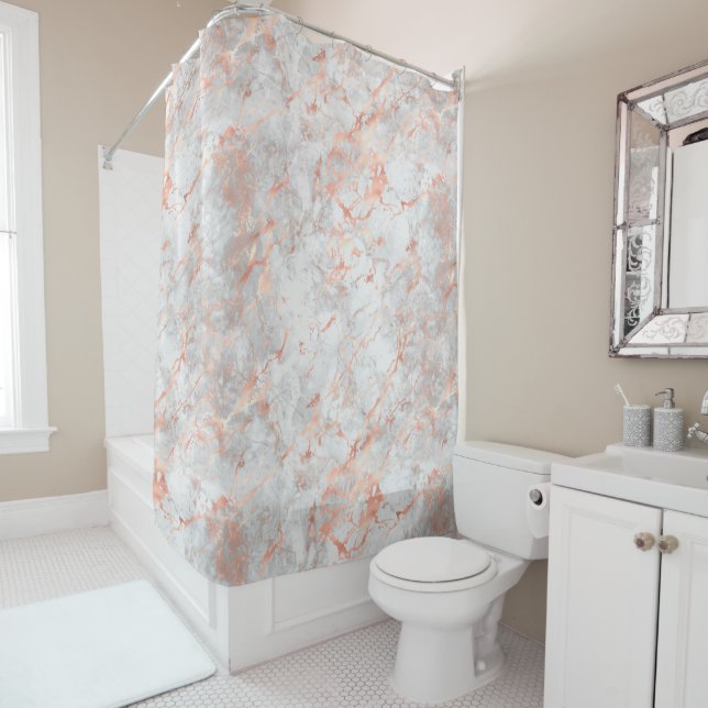 White & Rose Gold Marble 4 Shower Curtain (In Situ)