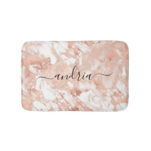 White & Rose Gold Marble 6, Black Script Name Bath Mat