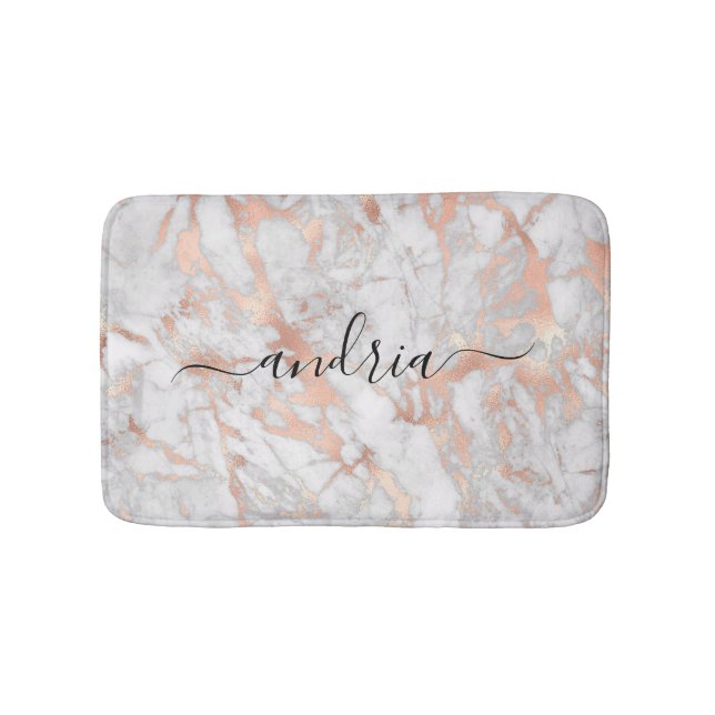 White & Rose Gold Marble, Black Script Name Bath Mat (Front)