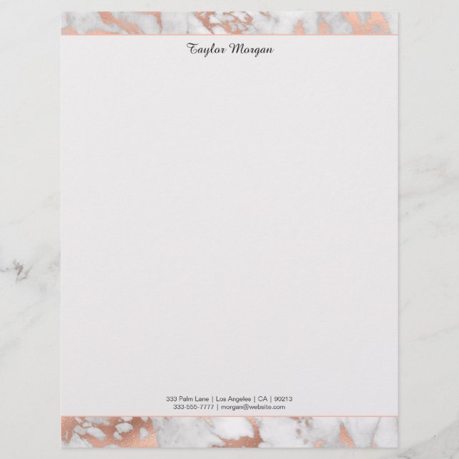 White & Rose Gold Marble Border, Black Name/Info Custom Letterhead (Front)