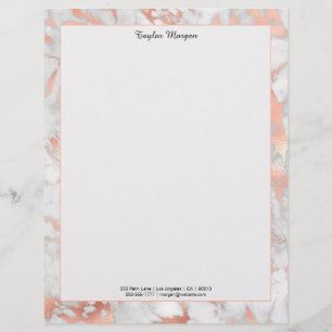 White & Rose Gold Marble Border, Black Name/Info Custom Letterhead