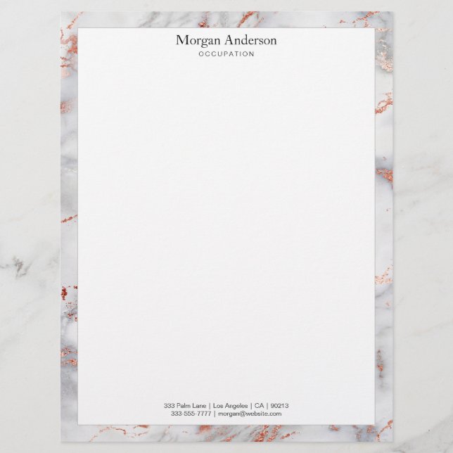 White & Rose Gold Marble Border, Black Name Info Custom Letterhead (Front)