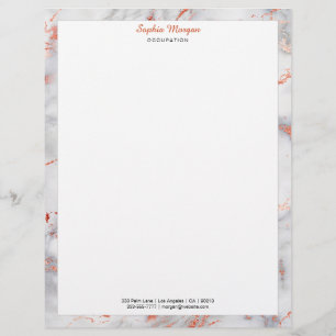 White & Rose Gold Marble Border, Name Info Letterh Custom Letterhead