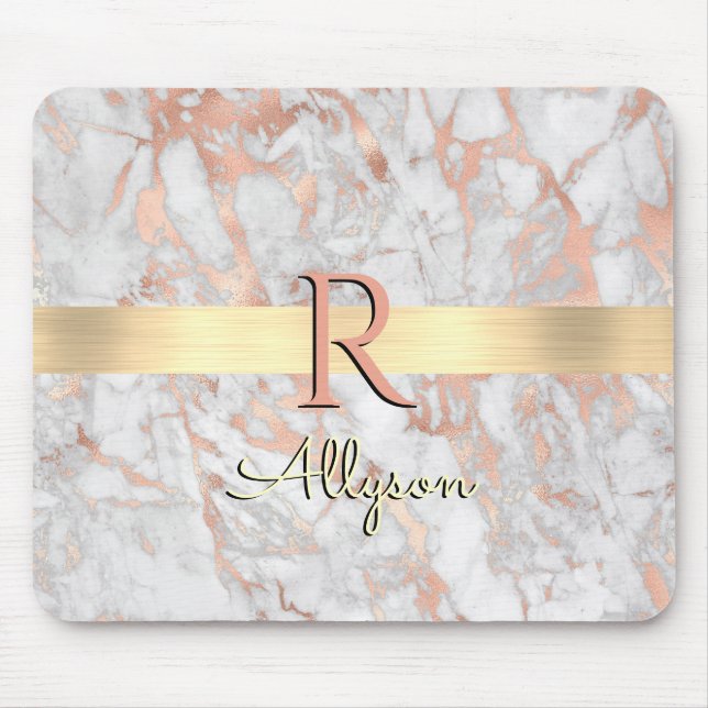 White & Rose Gold Marble, Gold Bar Name & Monogram Mouse Mat (Front)