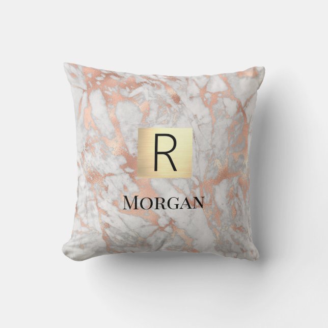 White & Rose Gold Marble Gold Box, Name & Monogram Cushion (Front)