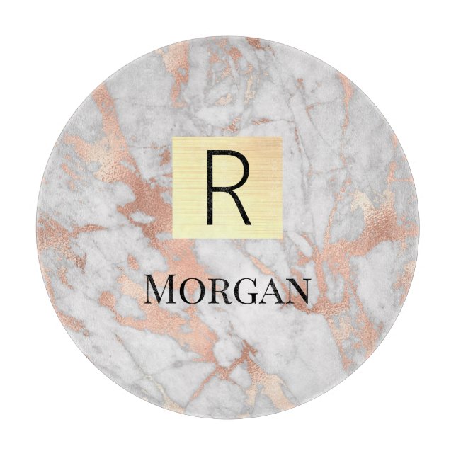 White & Rose Gold Marble Gold Box, Name & Monogram Cutting Board (Front)