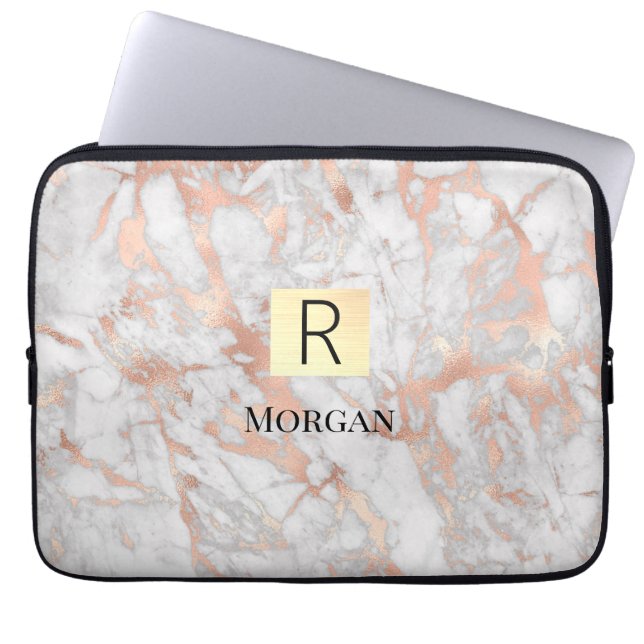 White & Rose Gold Marble Gold Box, Name & Monogram Laptop Sleeve (Front)