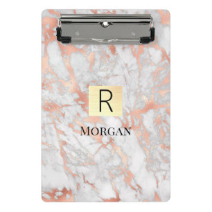 White & Rose Gold Marble Gold Box, Name & Monogram Mini Clipboard