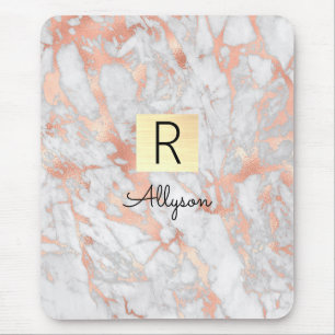 White & Rose Gold Marble Gold Box, Name & Monogram Mouse Mat