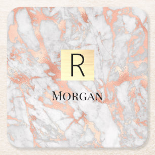 White & Rose Gold Marble Gold Box, Name & Monogram Square Paper Coaster