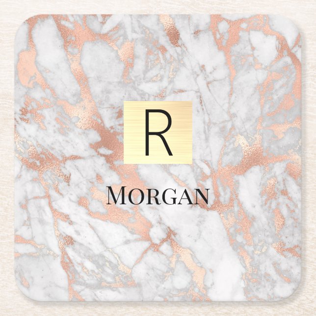 White & Rose Gold Marble Gold Box, Name & Monogram Square Paper Coaster (Front)