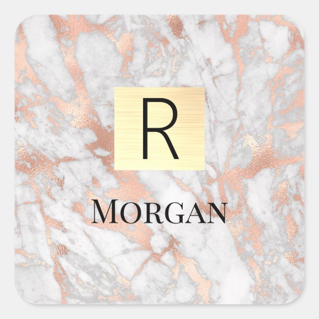 White & Rose Gold Marble Gold Box, Name & Monogram Square Sticker (Front)