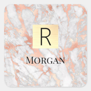 White & Rose Gold Marble Gold Box, Name & Monogram Square Sticker
