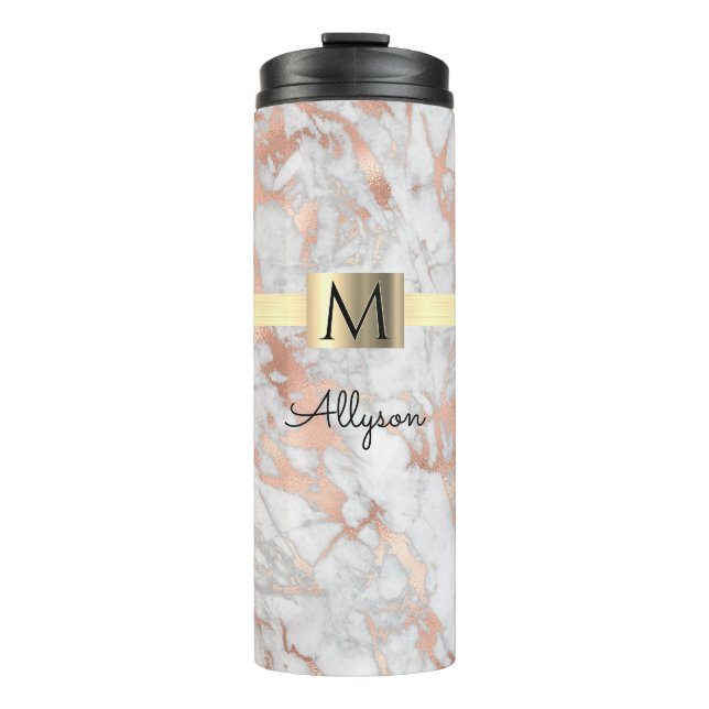 White & Rose Gold Marble, Gold Box Name & Monogram Thermal Tumbler (Front)
