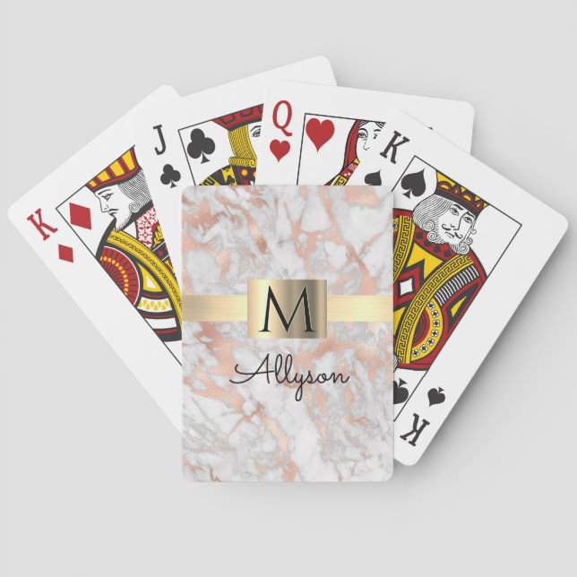 White/Rose Gold Marble Gold Box, Name/Monogram Vs2 Playing Cards (Back)
