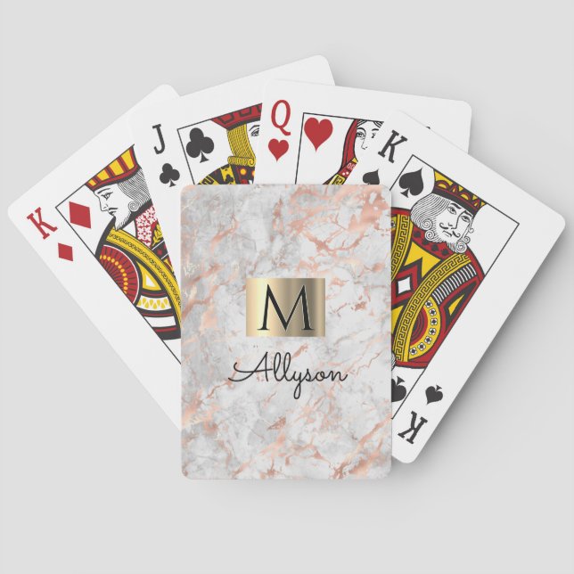 White/Rose Gold Marble Gold Box, Name/Monogram Vs6 Playing Cards (Back)