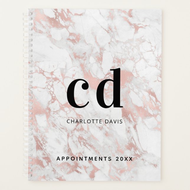 White rose gold marble monogram initial planner (Front)