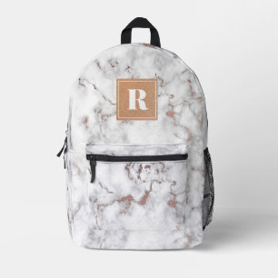 White & Rose Gold Marble Monogram Printed Backpack