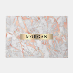 White & Rose Gold Marble, Name on Gold Band Doormat