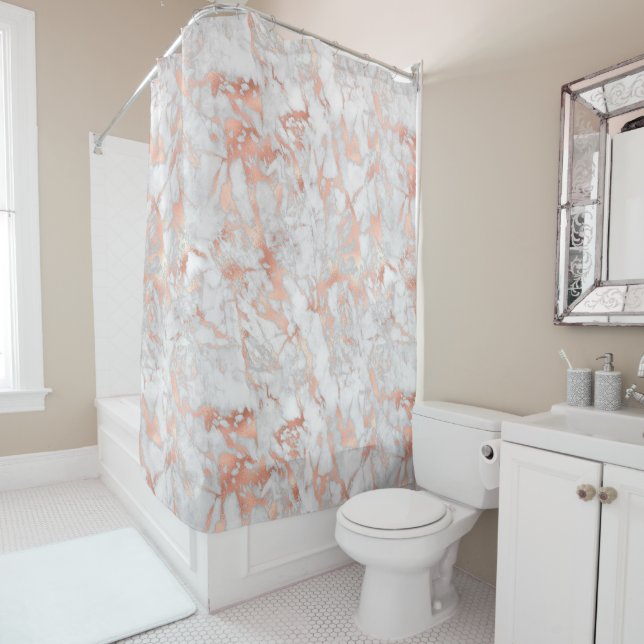 White & Rose Gold Marble Shower Curtain (In Situ)