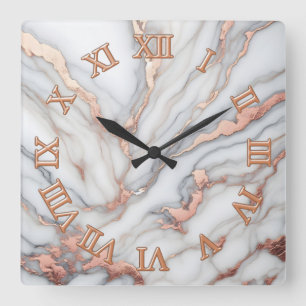 white rose gold marble square wall clock