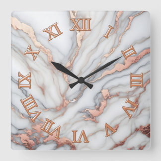 white rose gold marble square wall clock