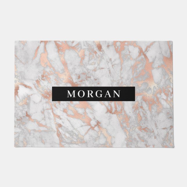 White & Rose Gold Marble, White Name on Black Band Doormat (Front)