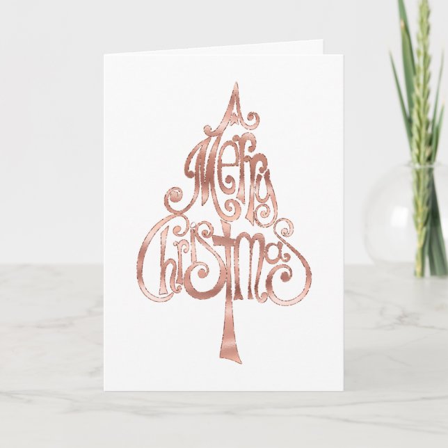 White Rose Gold Merry Christmas Tree Card (Front)