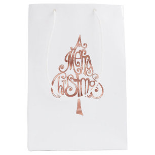 White Rose Gold Merry Christmas Tree Medium Gift Bag
