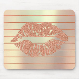 White Rose Gold Metallic Copper Stripes Lips Kiss Mouse Mat