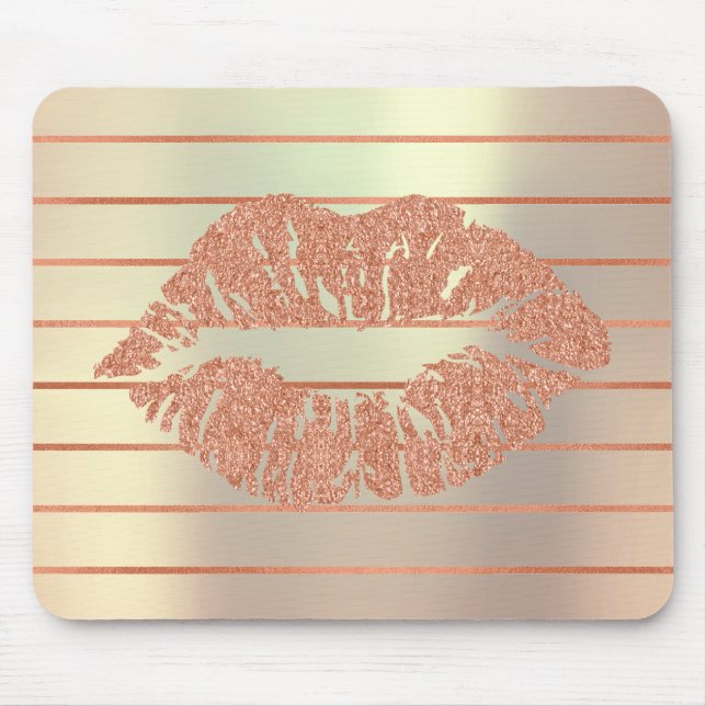 White Rose Gold Metallic Copper Stripes Lips Kiss Mouse Mat (Front)
