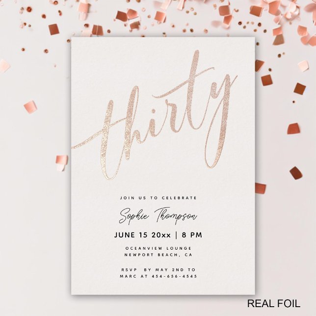White Rose Gold Modern Elegant 30th Birthday (rose gold 30th birthday invite for women elegant classy modern calligraphy simple white)