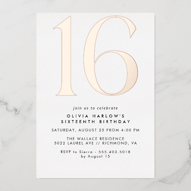 White & Rose Gold | Modern Minimal 16th Birthday (Front)