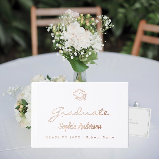 White rose gold name script cap Graduation Guest Book (Creator Uploaded)
