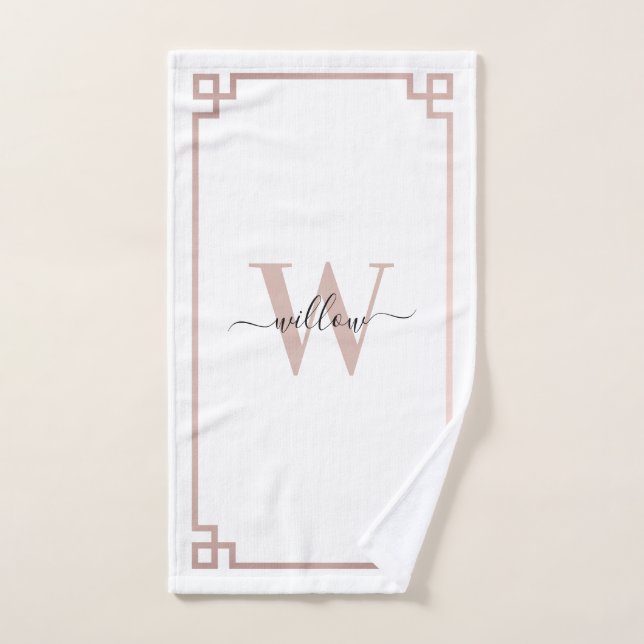 White & Rose Gold Pink Greek Key Monogrammed  Bath Towel Set (Hand Towel)