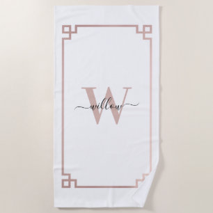 White & Rose Gold Pink Greek Key Monogrammed   Beach Towel
