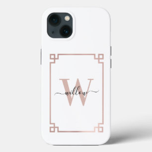 White & Rose Gold Pink Greek Key Monogrammed iPhone 13 Case
