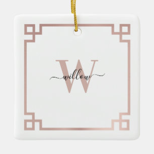 White & Rose Gold Pink Greek Key Monogrammed  Ceramic Ornament