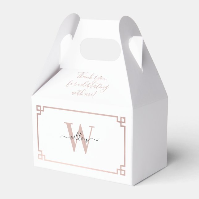 White & Rose Gold Pink Greek Key Monogrammed Favour Box (Front Side)