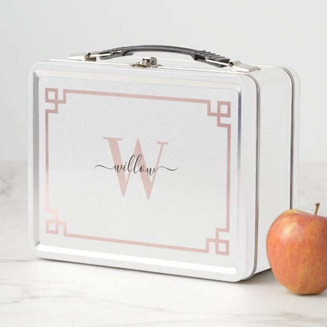 White & Rose Gold Pink Greek Key Monogrammed Metal Lunch Box (In Situ)
