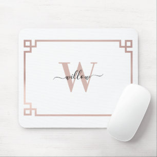 White & Rose Gold Pink Greek Key Monogrammed Mouse Mat