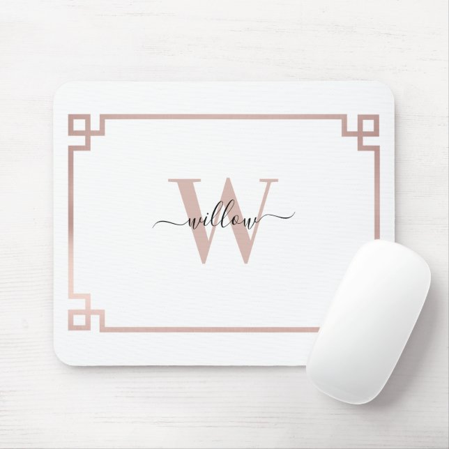 White & Rose Gold Pink Greek Key Monogrammed Mouse Mat (With Mouse)