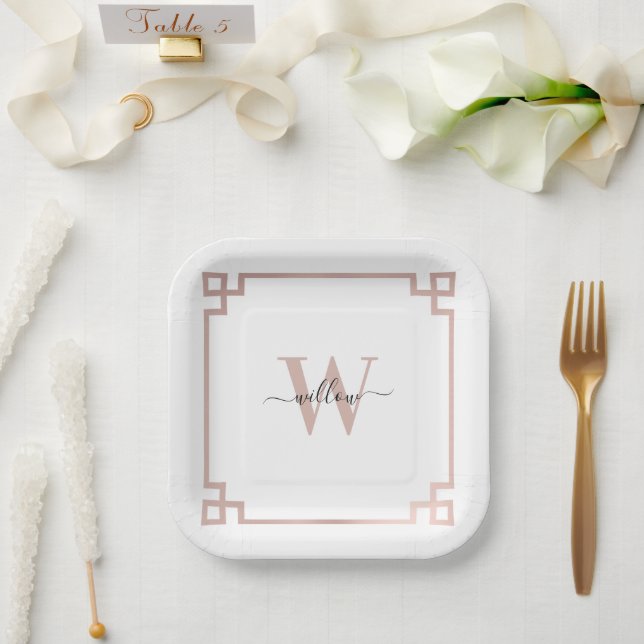 White & Rose Gold Pink Greek Key Monogrammed  Paper Plate (Wedding)